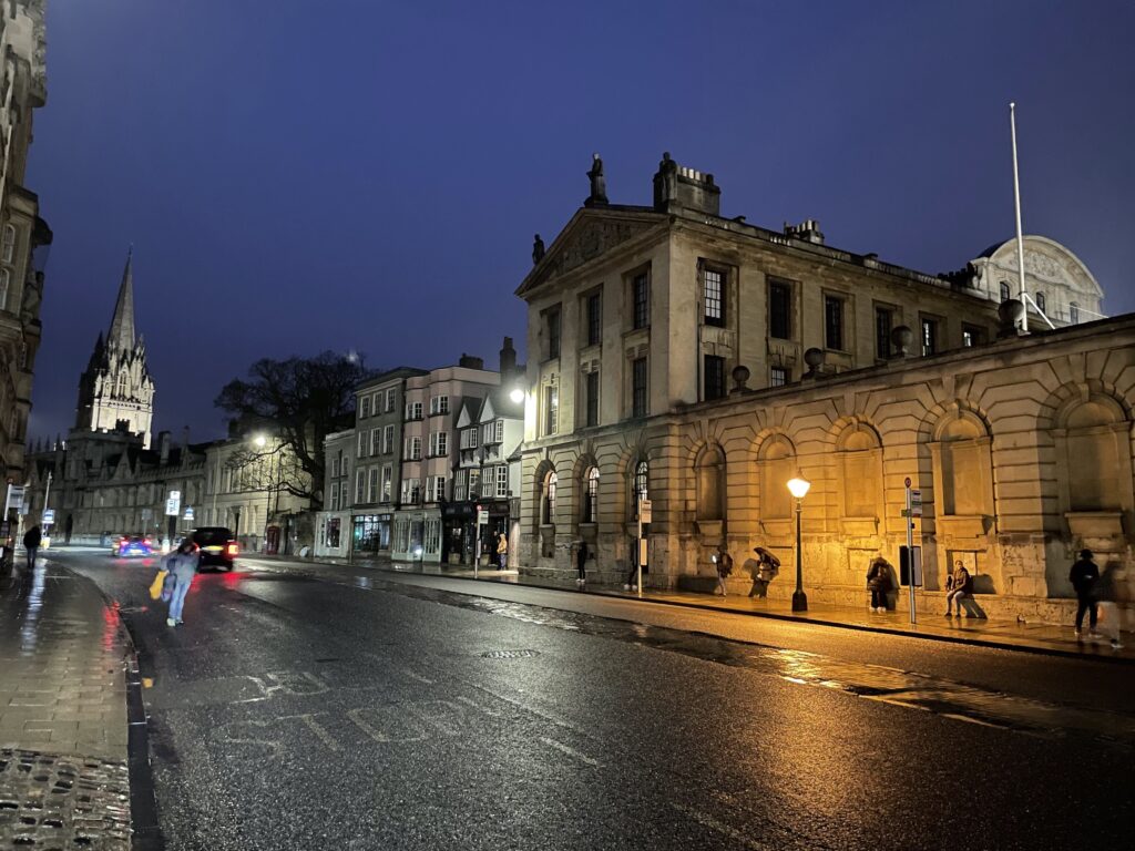 Image of a street in Oxford, England at night. 